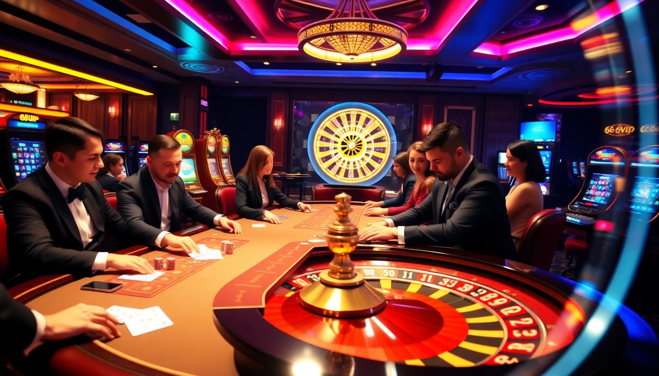 Exciting casino scene featuring 68VIP players at a poker table with cards and chips.