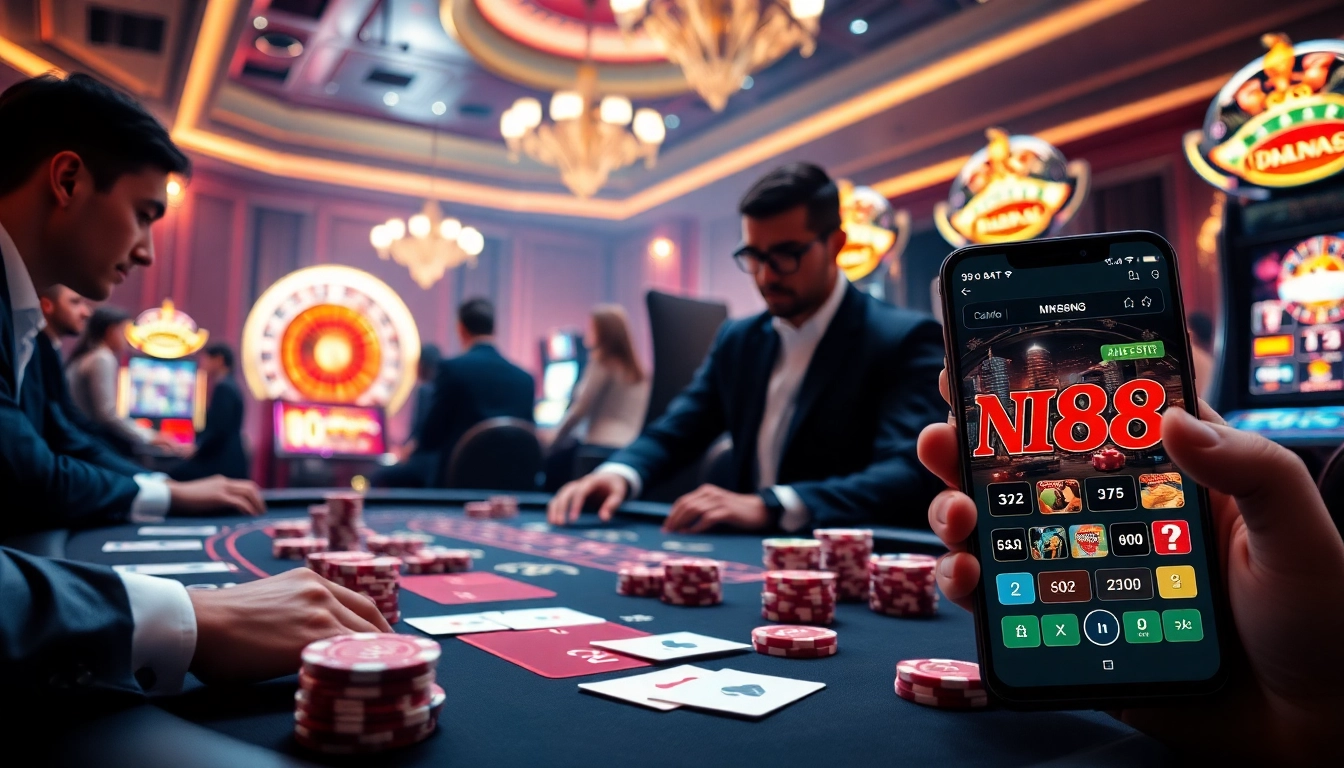 Intense gameplay at NK88 casino with vibrant poker chips and glowing roulette wheel.