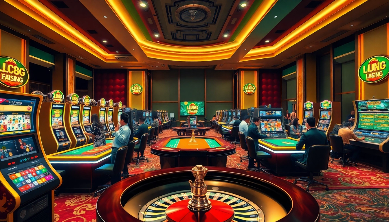 Experience the thrill of gambling with Đăng Ký LC88 in this luxurious casino scene filled with gaming excitement.