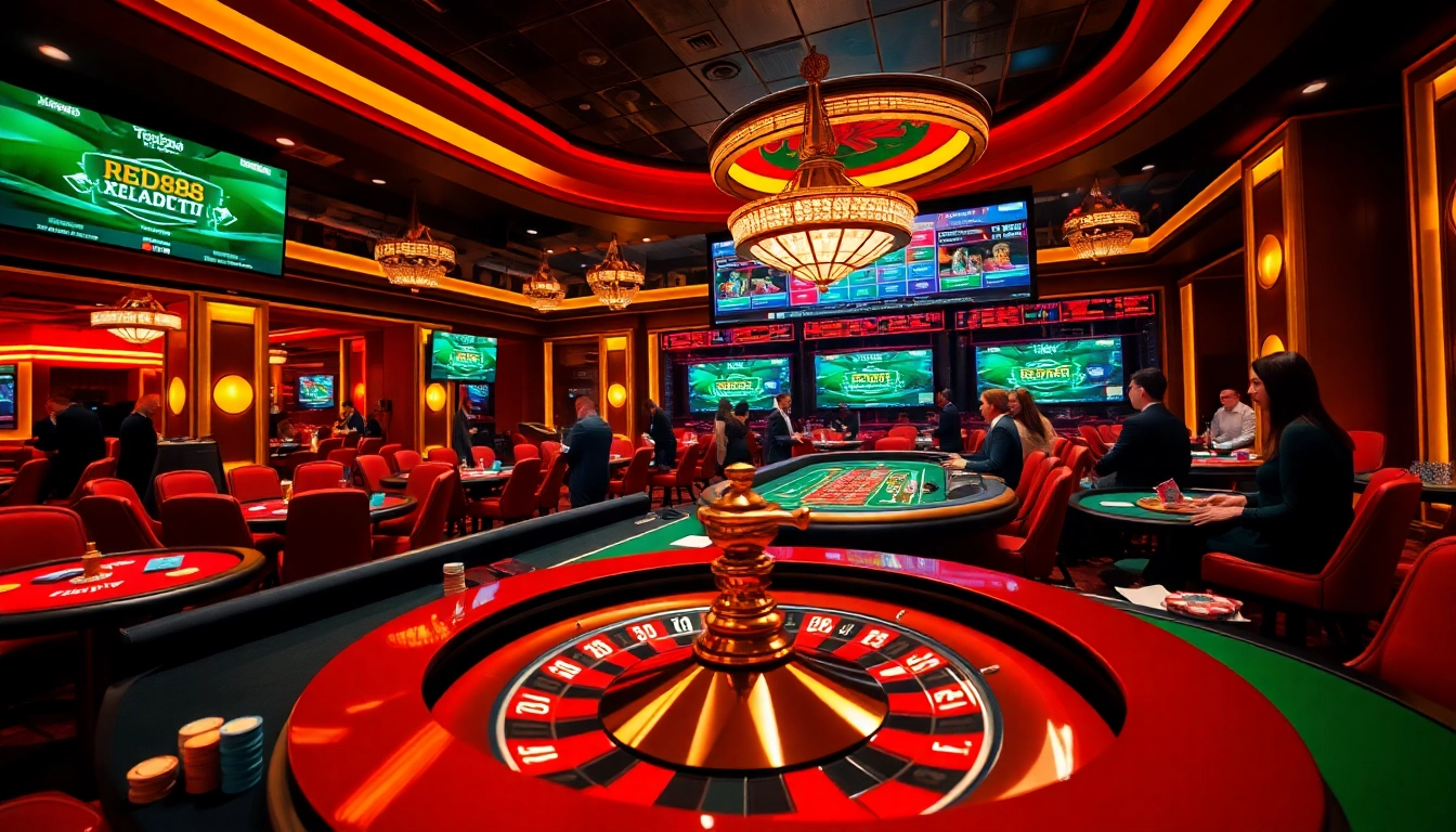 Players engaging in red88 betting at a luxurious casino with poker chips and roulette wheel.