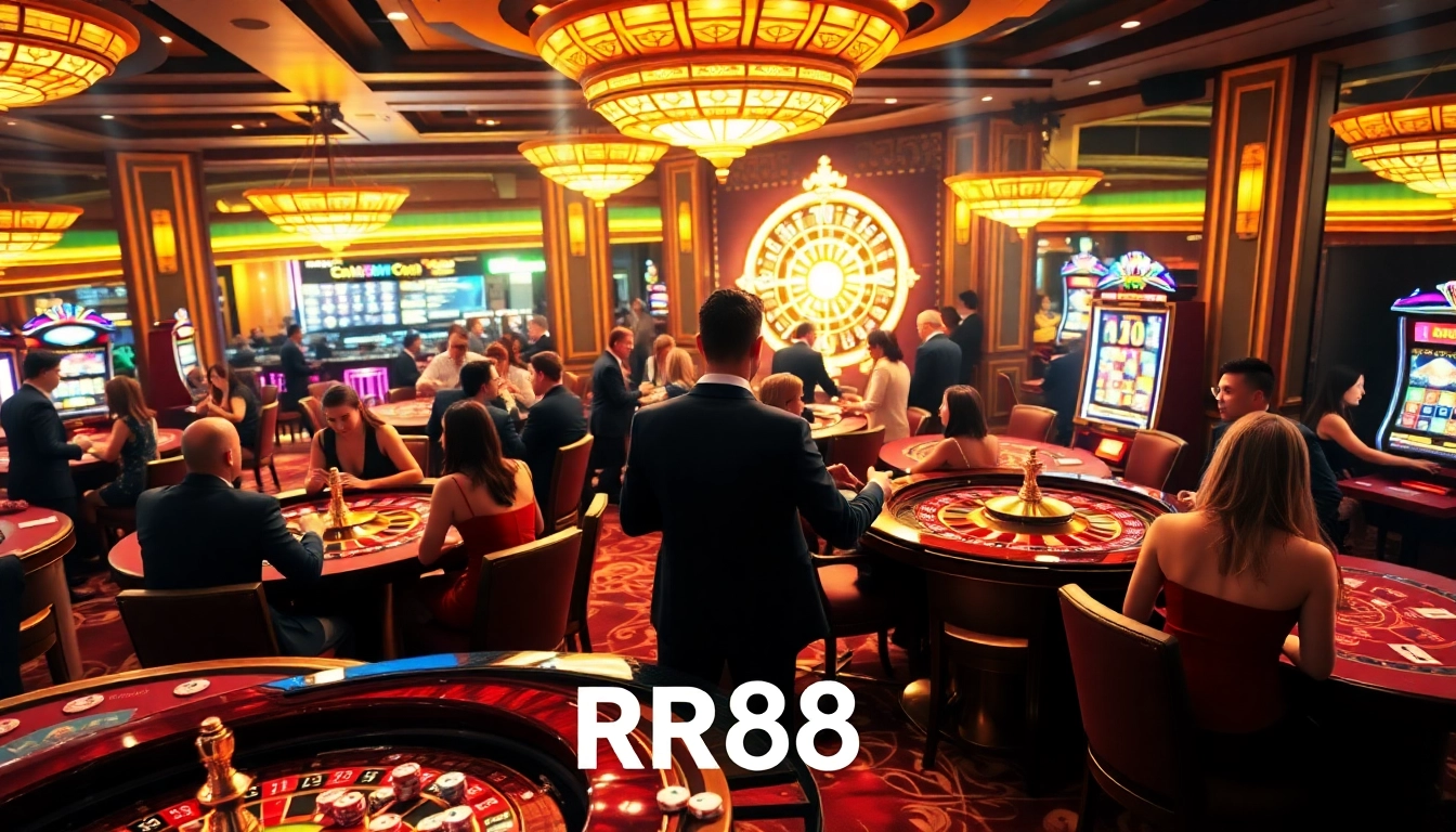 Experience the thrill of RR88 casino gaming with vibrant visuals of roulette, tables, and players.