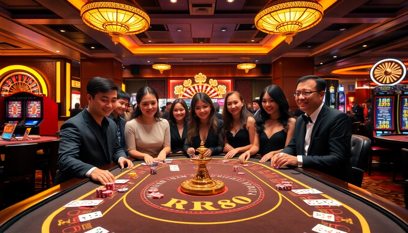 Players at an RR88-themed casino table, showcasing excitement and luxury in gambling.