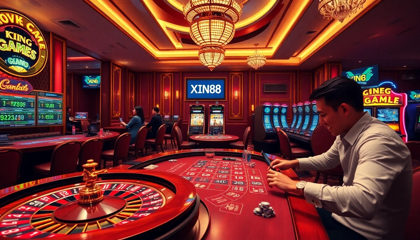 Cổng Game XIN88 features a luxurious casino scene with roulette, poker chips, and thrilling slot machines.
