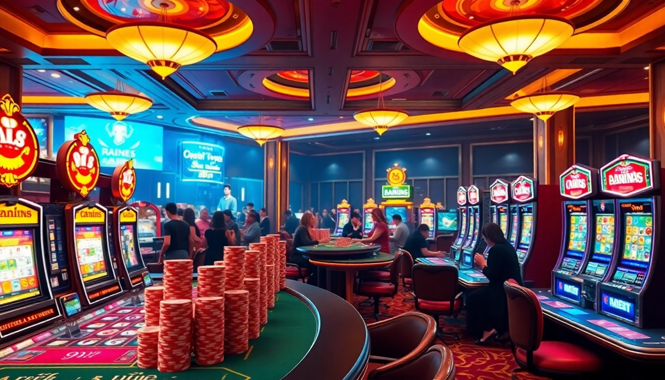 Experience the excitement of tải i9bet with a stunning casino scene showcasing attractive gaming tables and vibrant players.