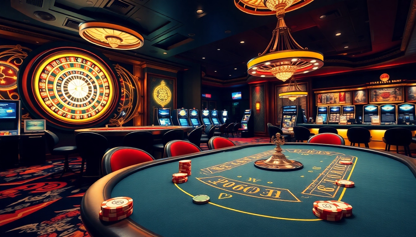 Experience RR88's thrilling casino environment with vibrant poker tables and exciting slot machines.