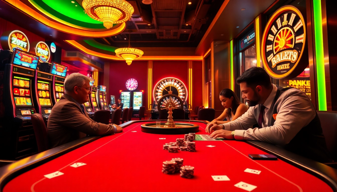 High-stakes poker players at a dramatic casino scene showcasing https://f1682.email/ with poker chips and a roulette wheel.