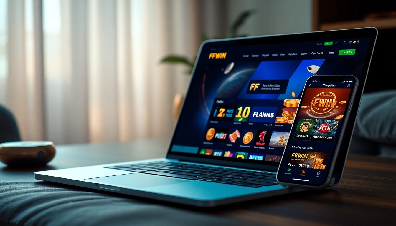 FFWIN online gambling platform interface on laptop and smartphone with engaging visuals.