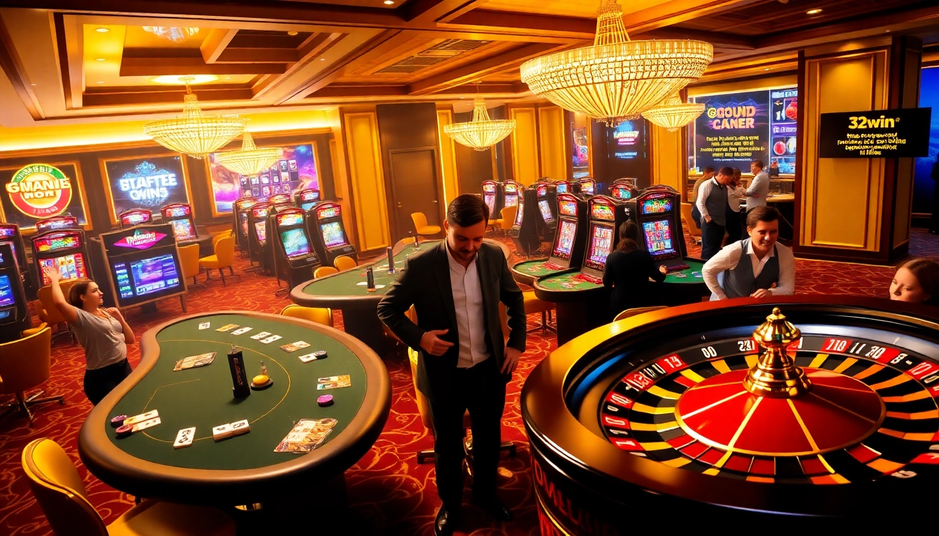 Gamblers enjoying high-stakes games at 32win's luxurious online casino.