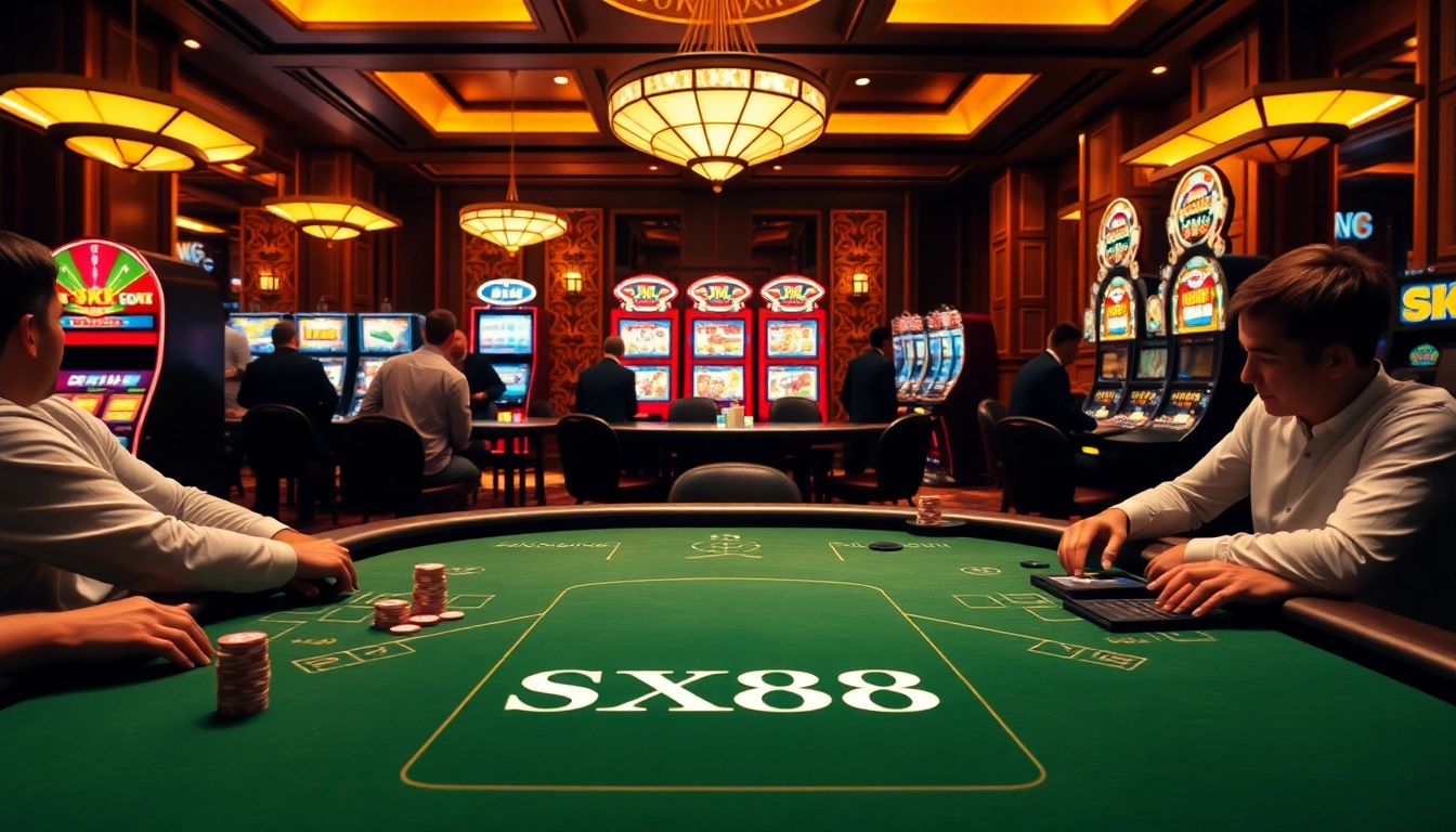 Players engage at the SX88 table, showcasing a vibrant casino atmosphere filled with poker chips and slot machines.