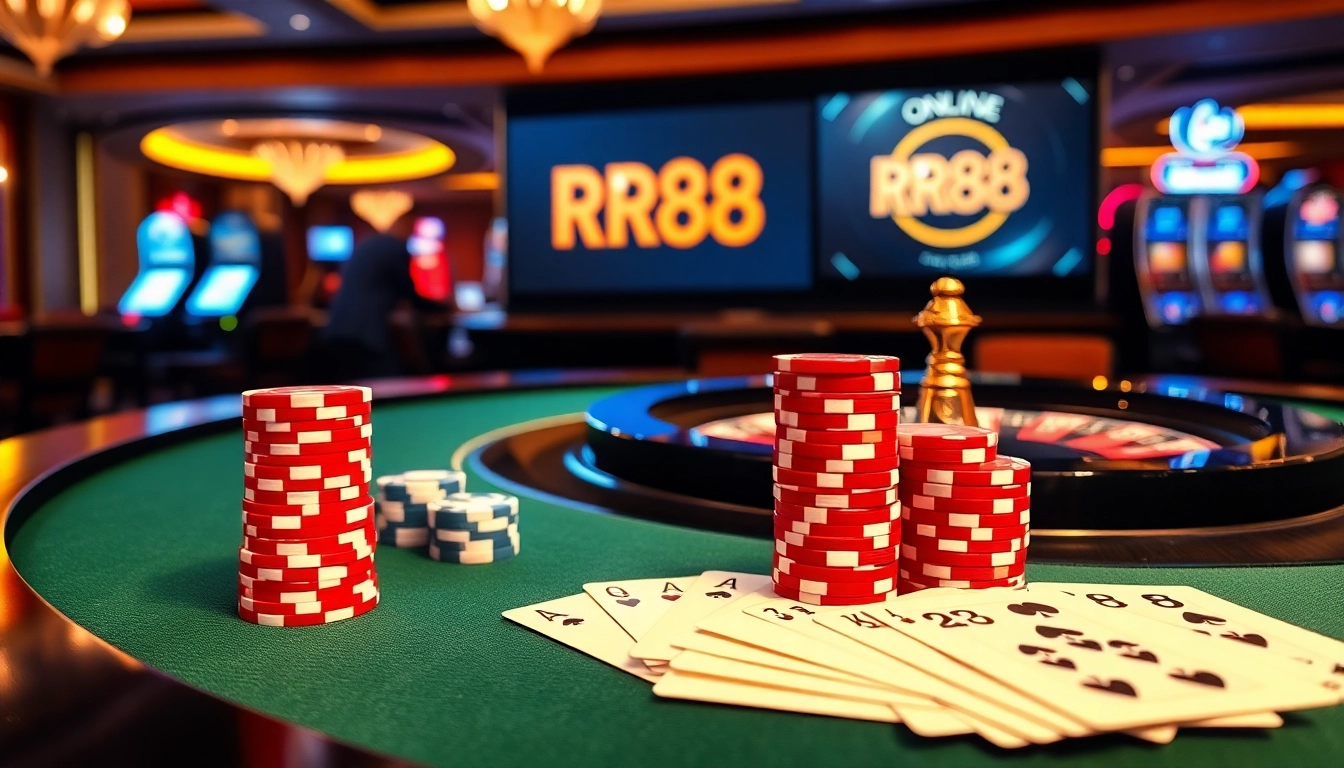 Experience thrilling gameplay at RR88 with vibrant poker chips and an elegant roulette table.