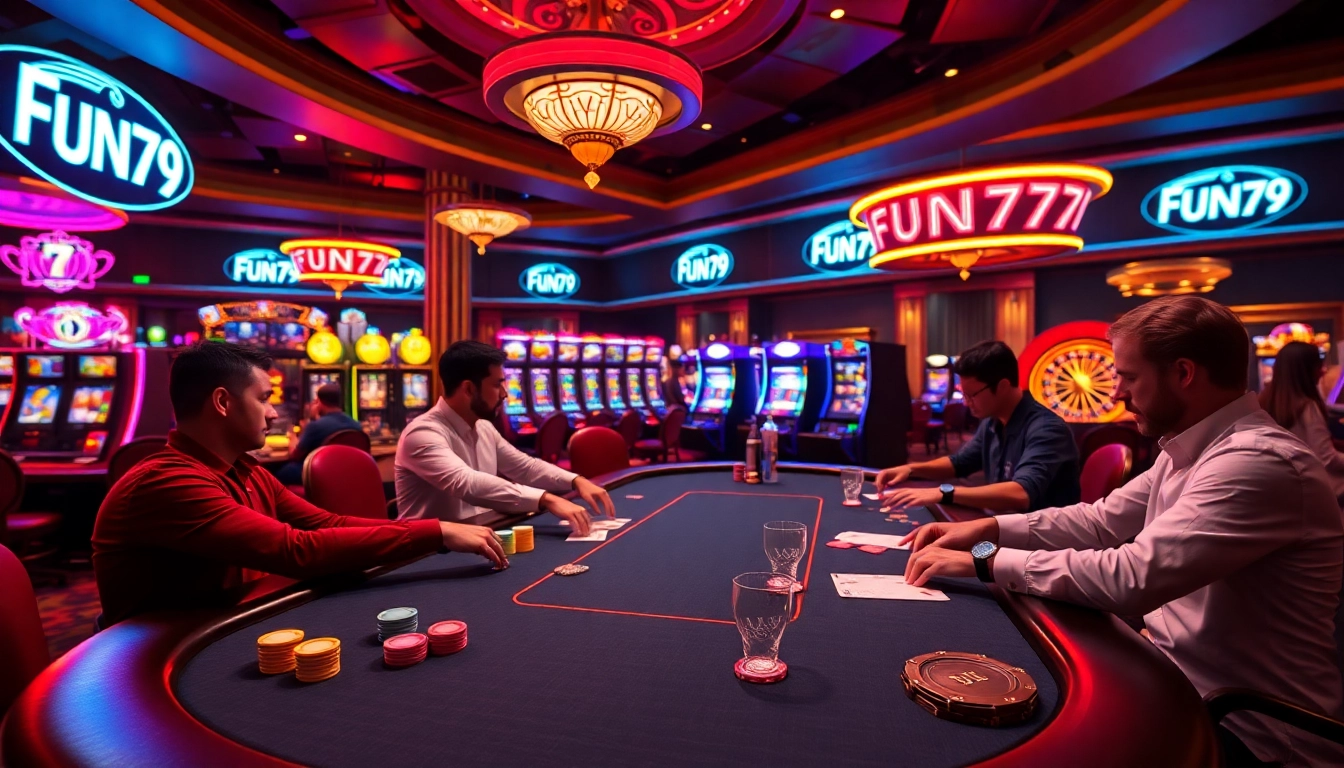 Exciting poker game showcasing FUN79 branding with vibrant atmosphere and professional players.