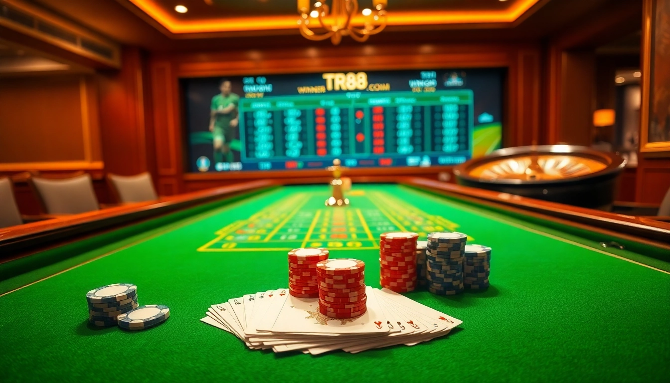 Experience excitement at TR88.com with a high-end poker setup featuring chips, cards, and roulette.