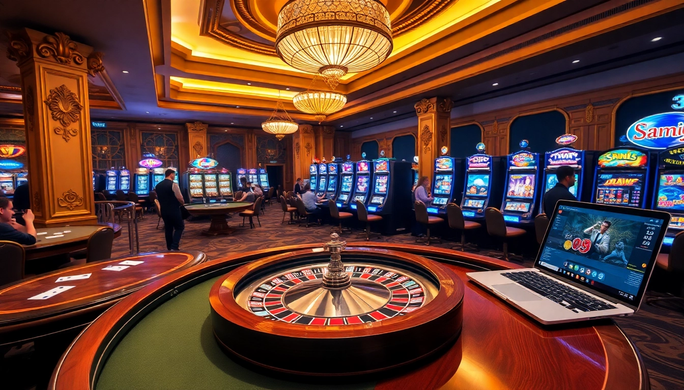 A vibrant casino scene showcasing players engaged in games at s8 com, featuring roulette and slot machines.