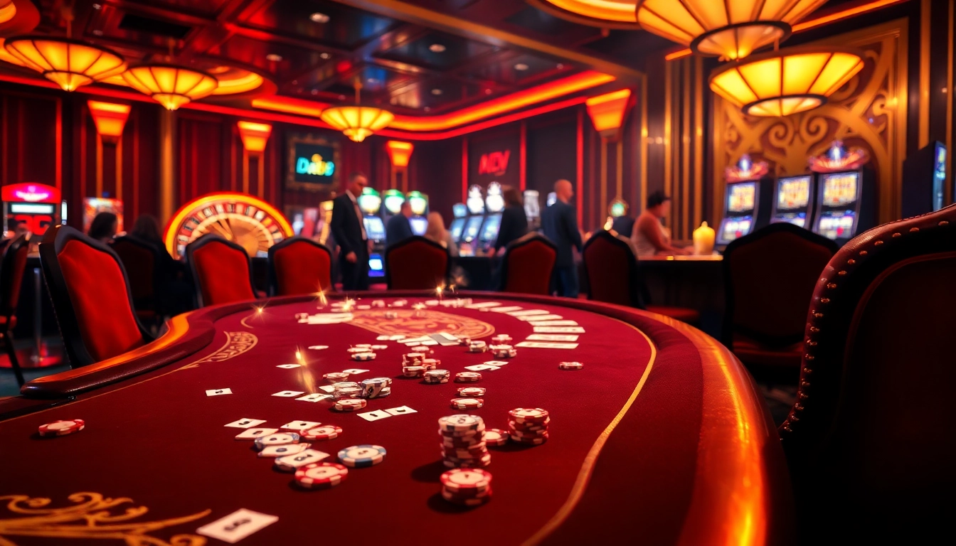Players enjoying the da88 game at a luxurious casino table, with vibrant poker chips and cards.