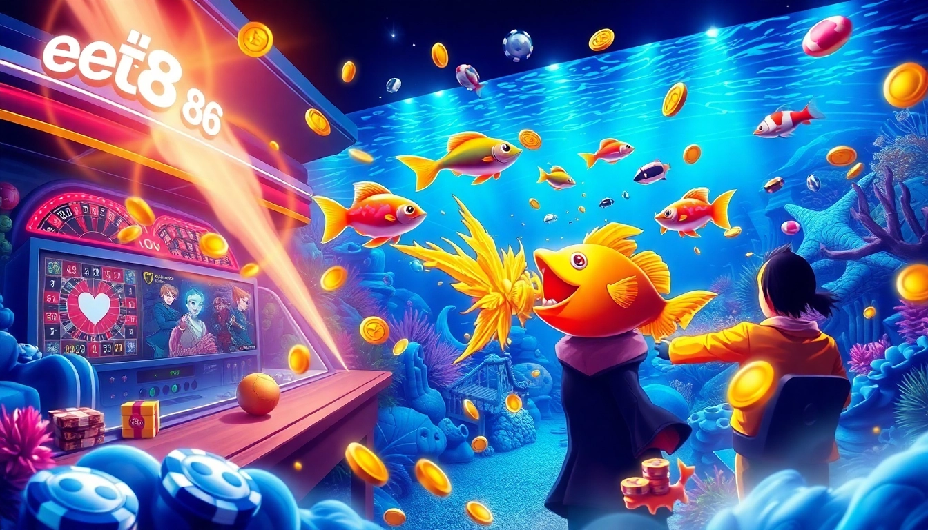 Bắn cá ee88 game interface featuring players aiming at vibrant marine creatures in a thrilling online gambling experience.