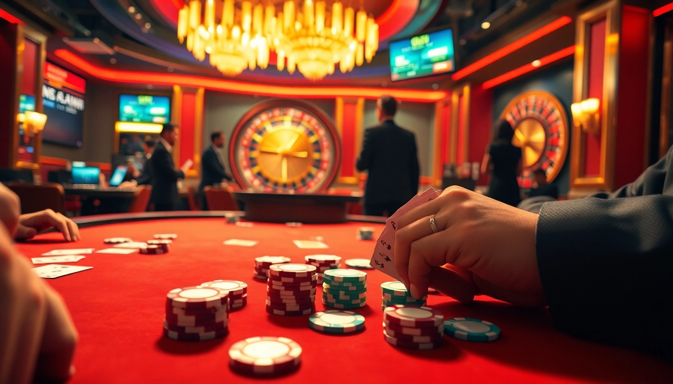 Exciting poker action in a hit club casino, featuring vibrant chips and cards.