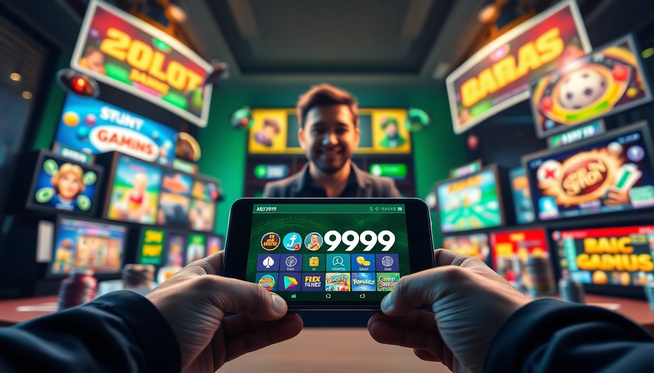 Dynamic ABC999 online gaming scene featuring mobile interface and game icons.