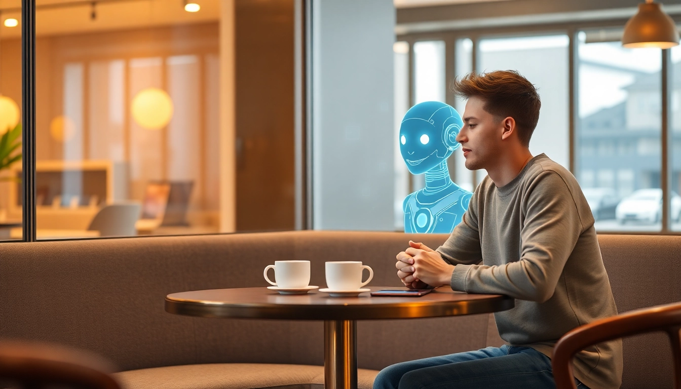 A comforting scene of a young adult enjoying a coffee with a holographic AI companion, showcasing the concept of 'crush on ai' in a modern cafe.