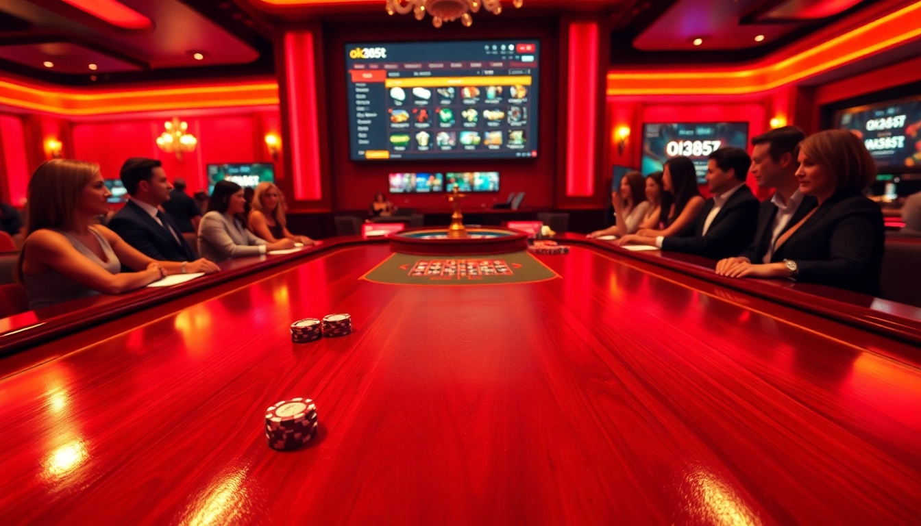 Players are engaged at the blackjack table in a vibrant casino scene featuring ok365t.fit.