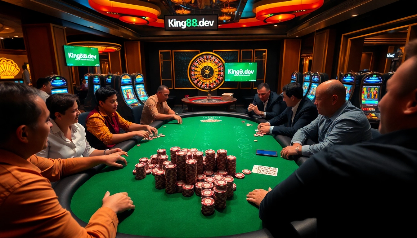 Players enjoying poker at king888.dev with colorful chips and a luxury casino atmosphere.