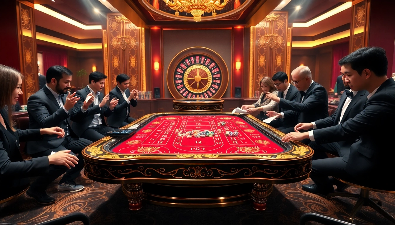 Tài xỉu md5 gaming scene with vibrant casino elements and excited players placing bets.