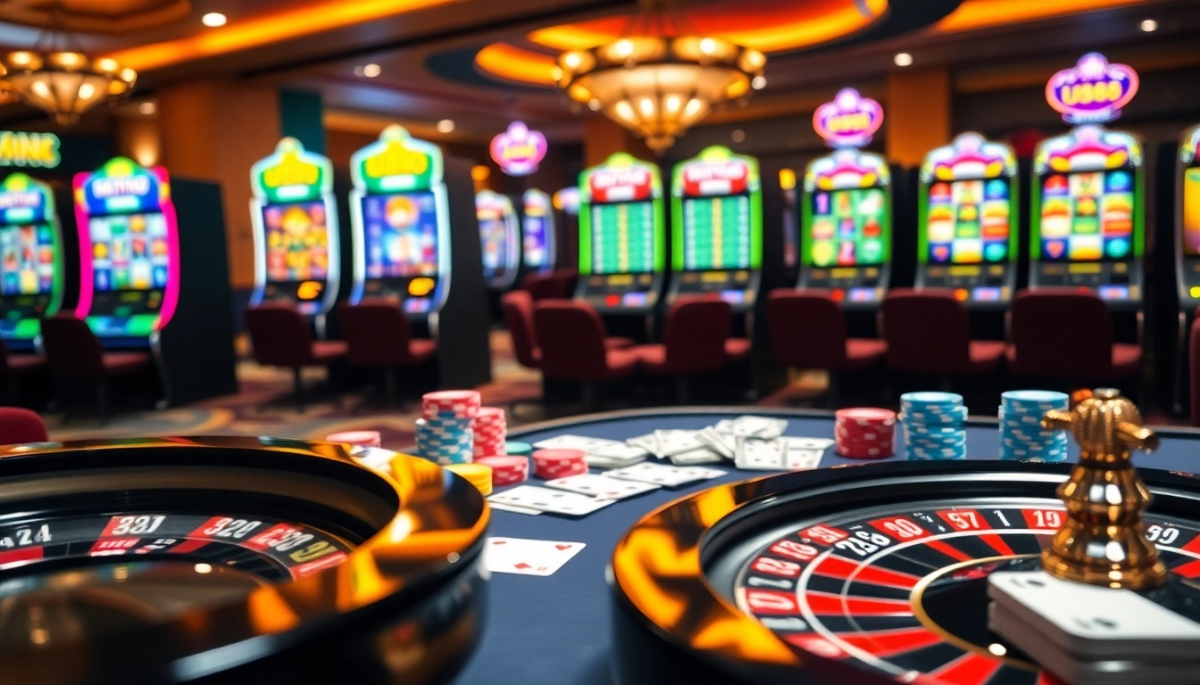 Engaging U888 casino scene with poker chips, a roulette wheel, and vibrant slot machines.