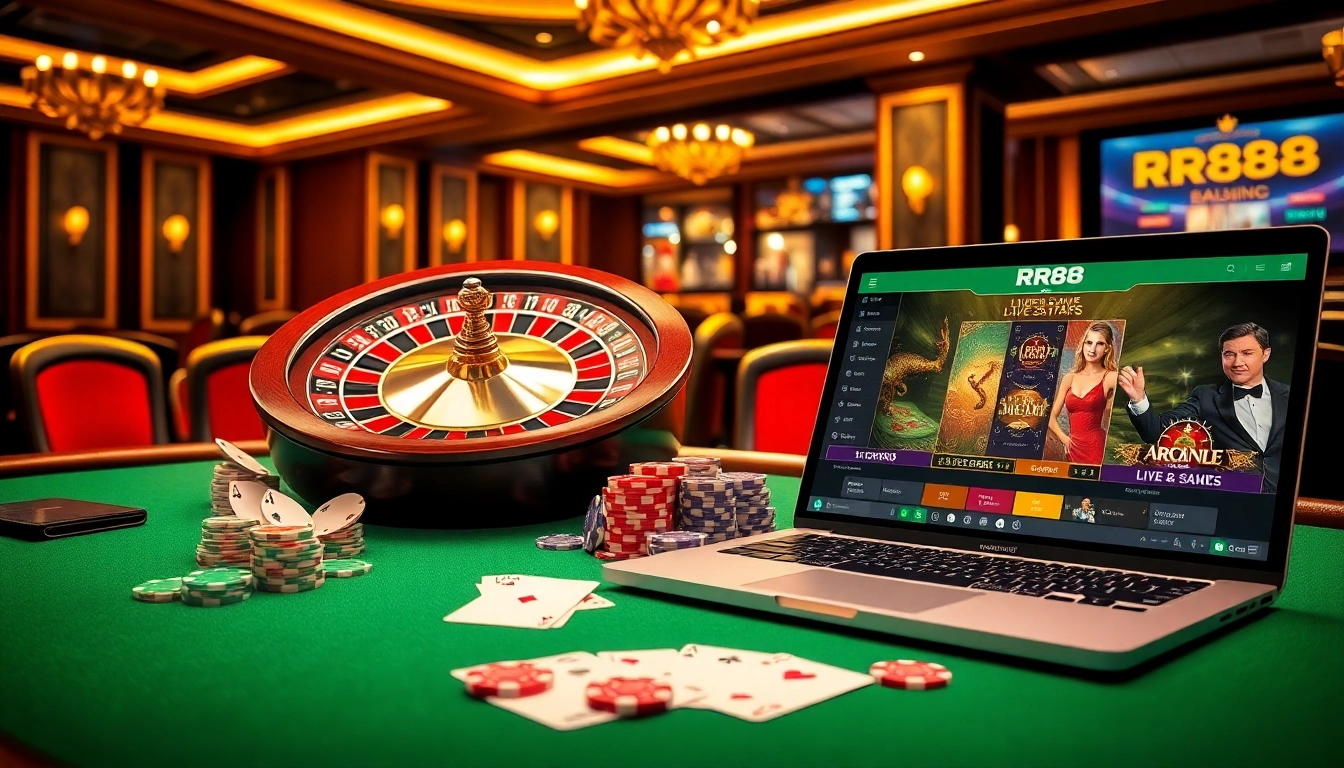 Exciting RR88 casino scene with roulette, cards, and chips, capturing luxury and online gaming.