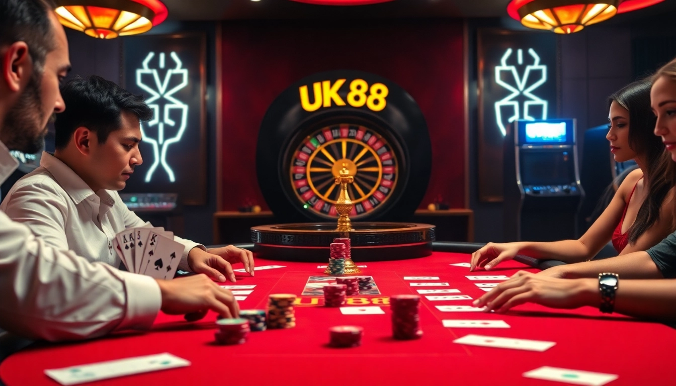UK88 poker players strategizing at a luxurious casino table with vibrant ambiance.