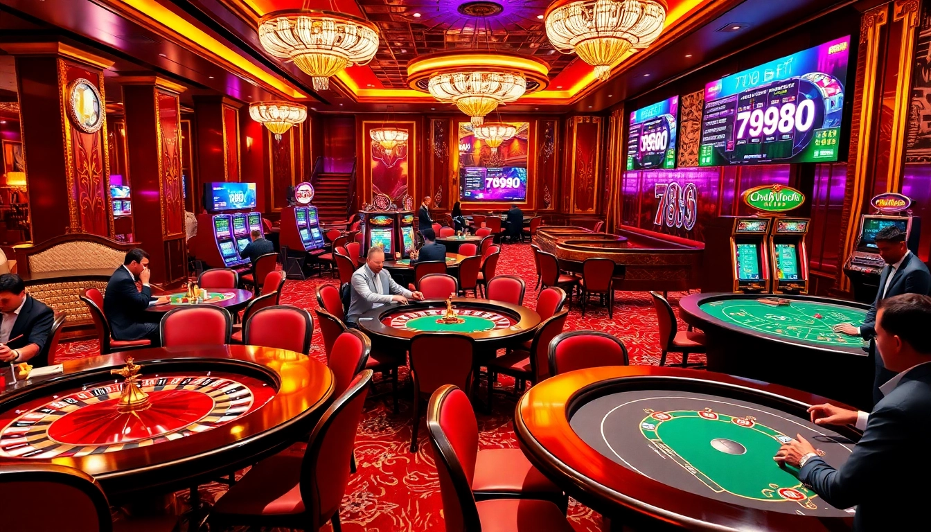 Experience the luxury of 789BET with energetic players at poker tables and vibrant roulette wheels.