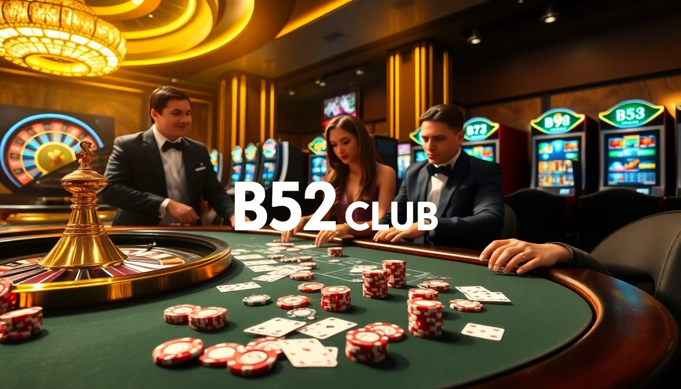 B52 CLUB gaming table with professional players and vibrant cards, emphasizing excitement and strategy.