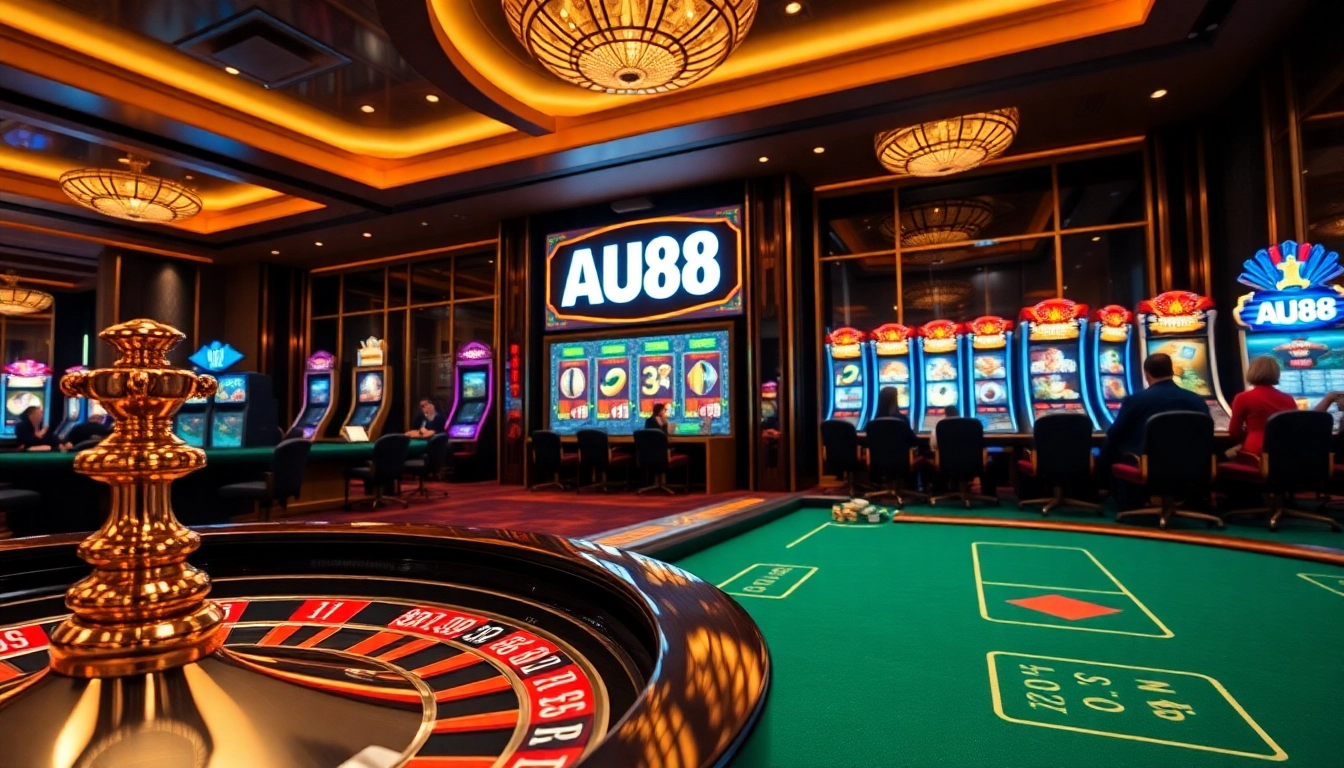 Engaging gambling experience at AU88 with vibrant poker chips and roulette wheel.