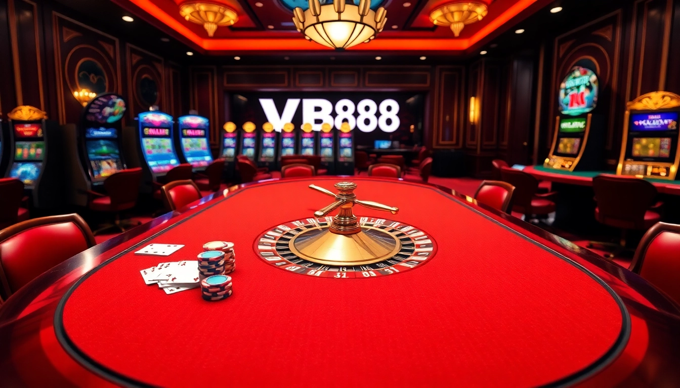 VB88 online gambling interface showcasing a vibrant casino scene with poker tables and roulette wheels.