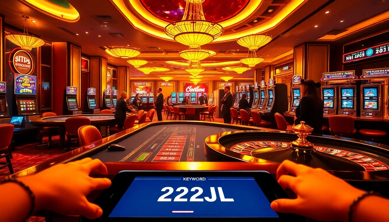 Experience the thrill of placing bets at the 22JL casino, featuring luxurious tables and slot machines.