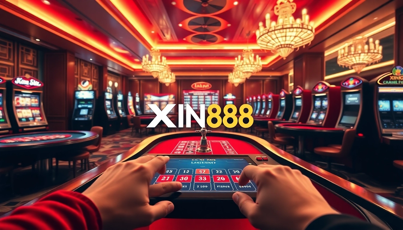 Casino scene featuring Xin88 gaming interface with players enjoying premium slots and tables.