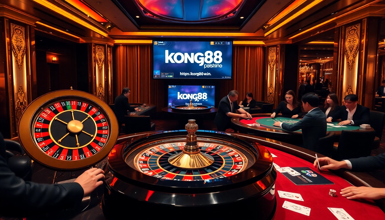 Engaging in professional casino gameplay at https://kong88.win, showcasing roulette wheels and poker chips.