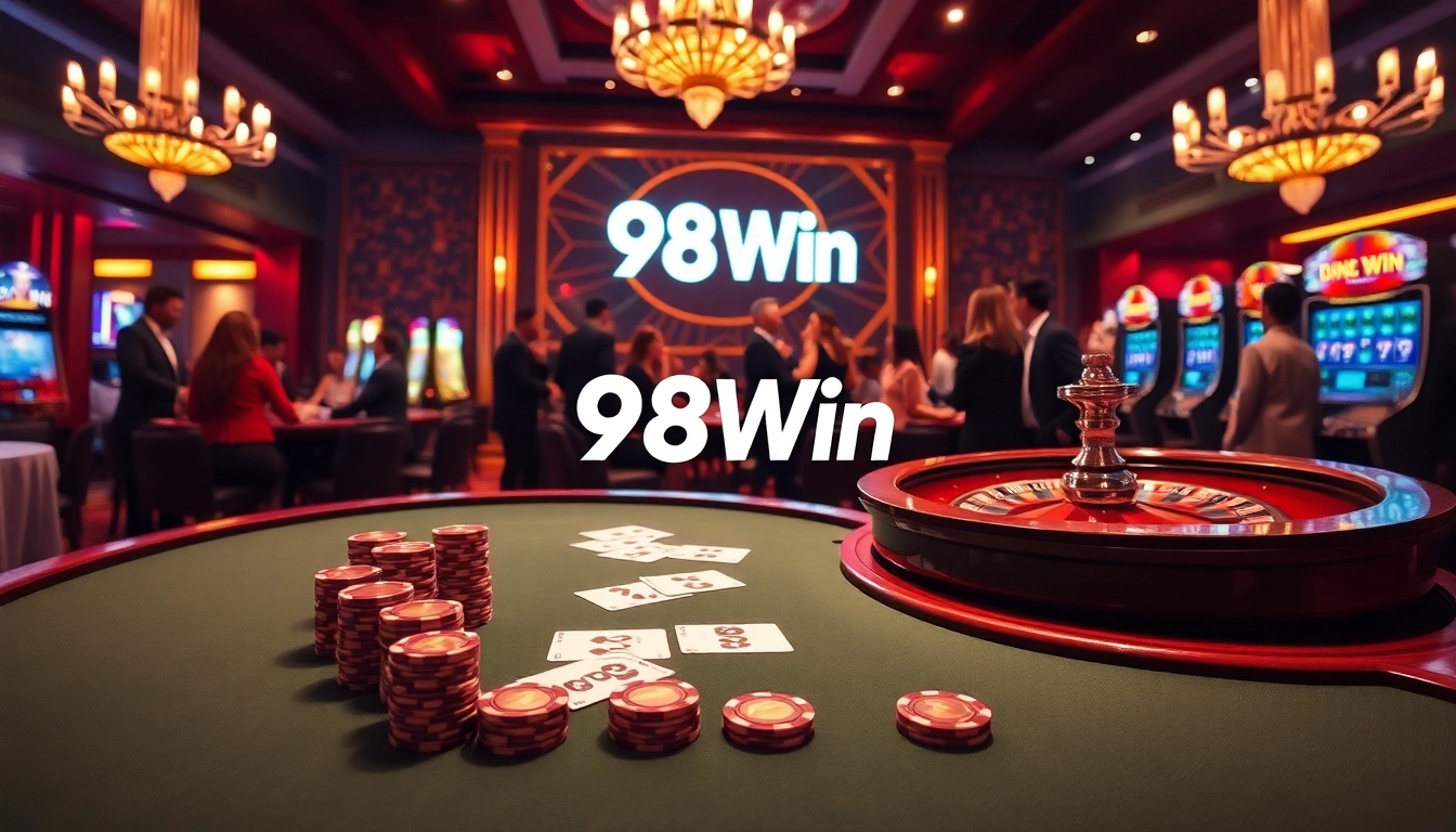 Exciting casino atmosphere highlighting 98Win's poker and roulette action in a luxurious setting.