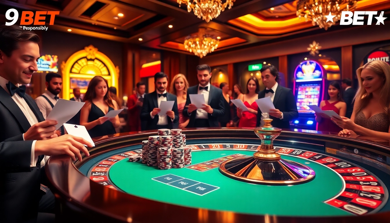Exciting gamblers placing bets at a 9BET online casino table, featuring vibrant roulette.