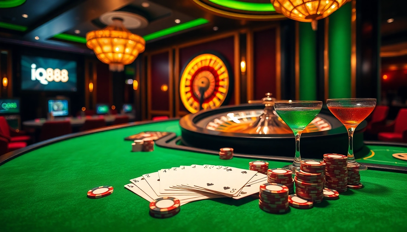 Players enjoy a thrilling game at iq88 casino, complete with colorful chips and cards on the felt table.
