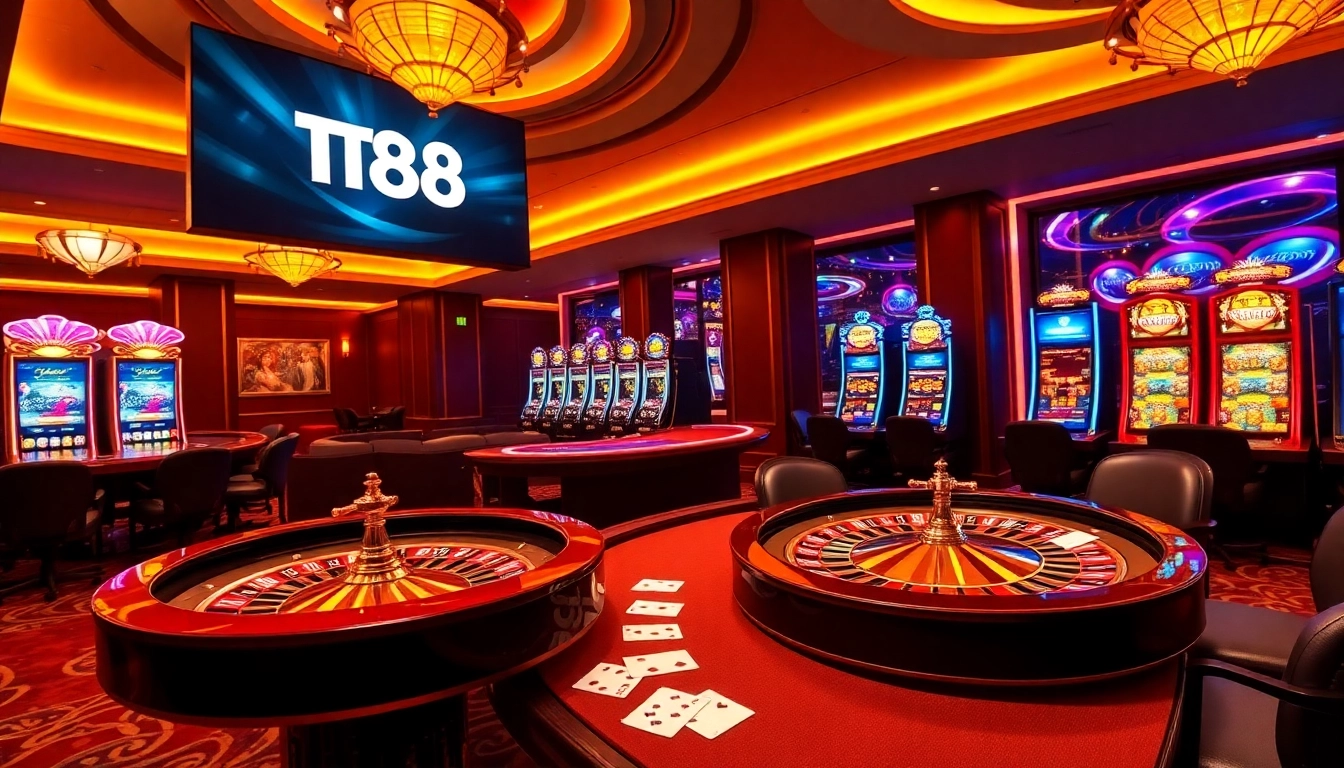 Engage with the excitement of tải game TT88 at a luxurious casino with roulette tables and poker chips.