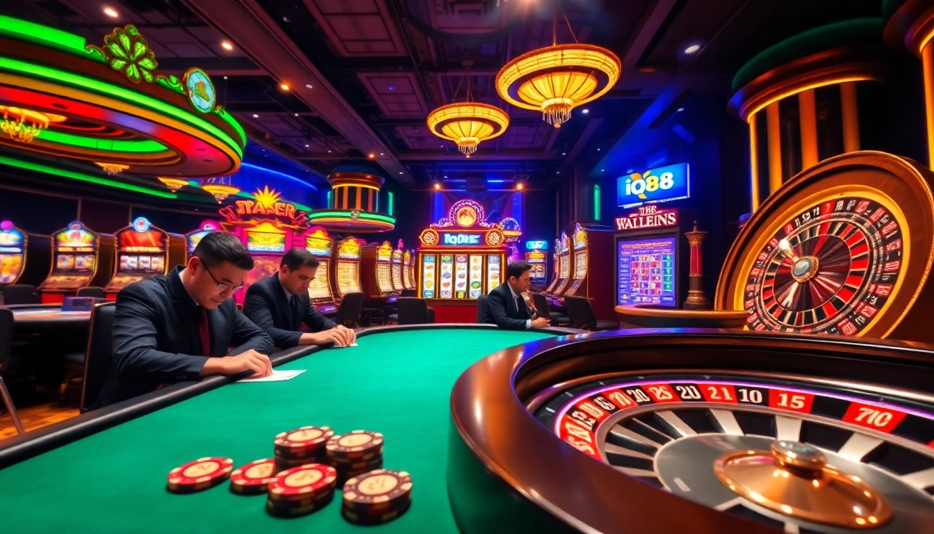 Engaging scene of gambling excitement at iq88 casino with poker and slot machines.