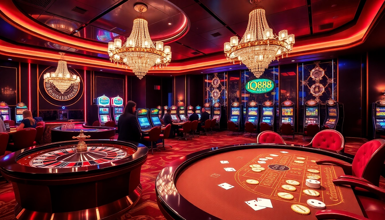 Experience the thrill of IQ88 gaming with vibrant tables, cards, and slot machines in a luxurious casino setting.