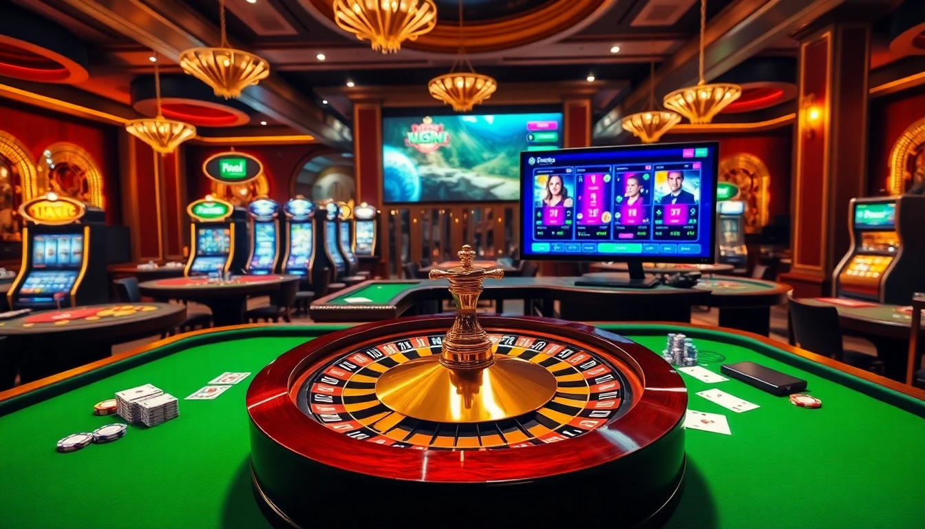 Exciting gaming atmosphere at https://789bet.tours/ showcasing poker chips, roulette wheel, and slot machines.