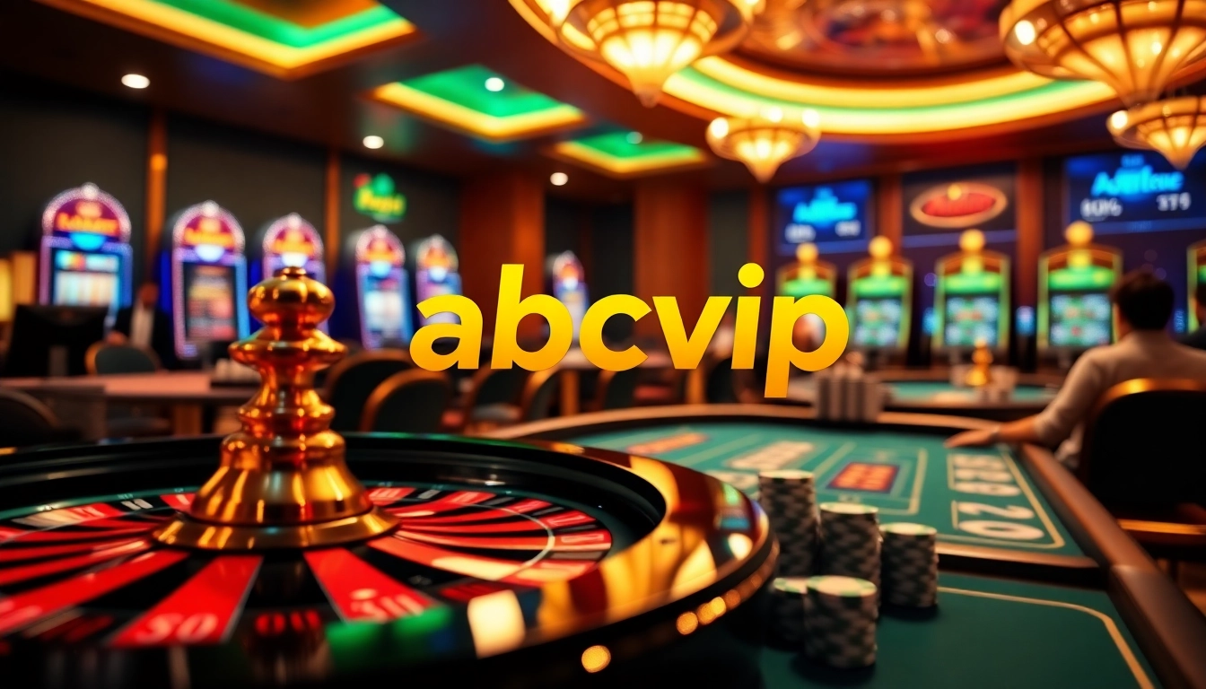 Players enjoying thrilling games at abcvip online casino, featuring vibrant slots and poker tables.