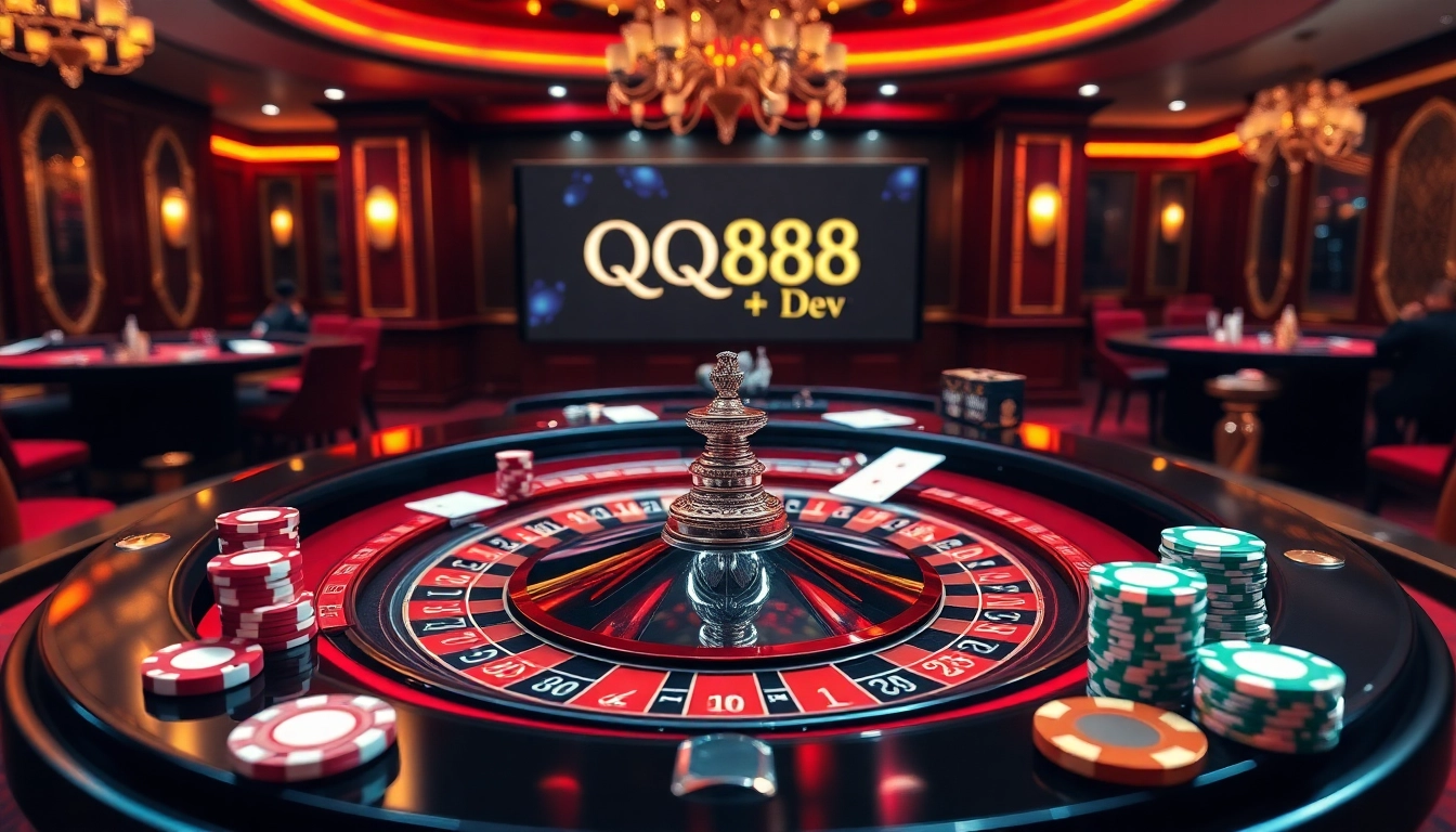 Experience the thrill at QQ888 Dev casino with luxurious roulette and vibrant poker chips.