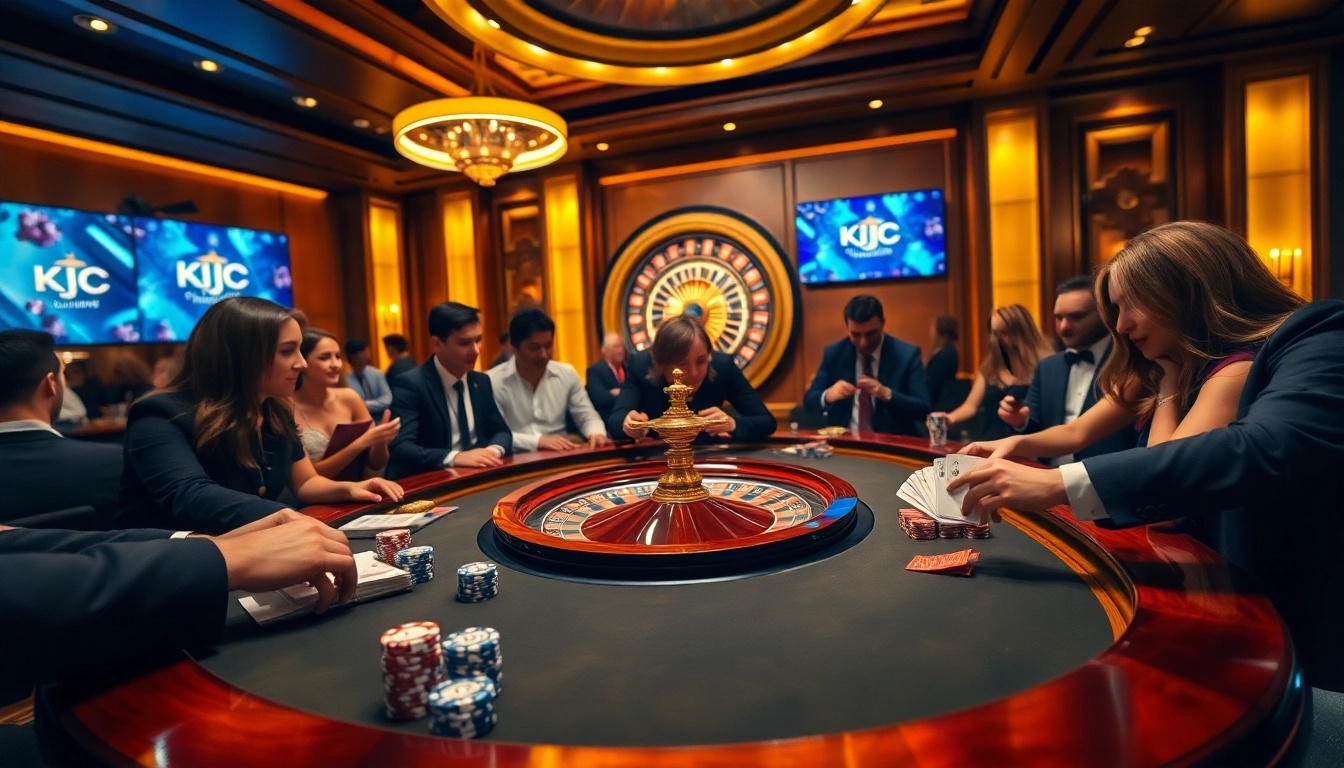 KJC poker players engaging in a high-stakes game of strategy and chance at a luxurious casino.