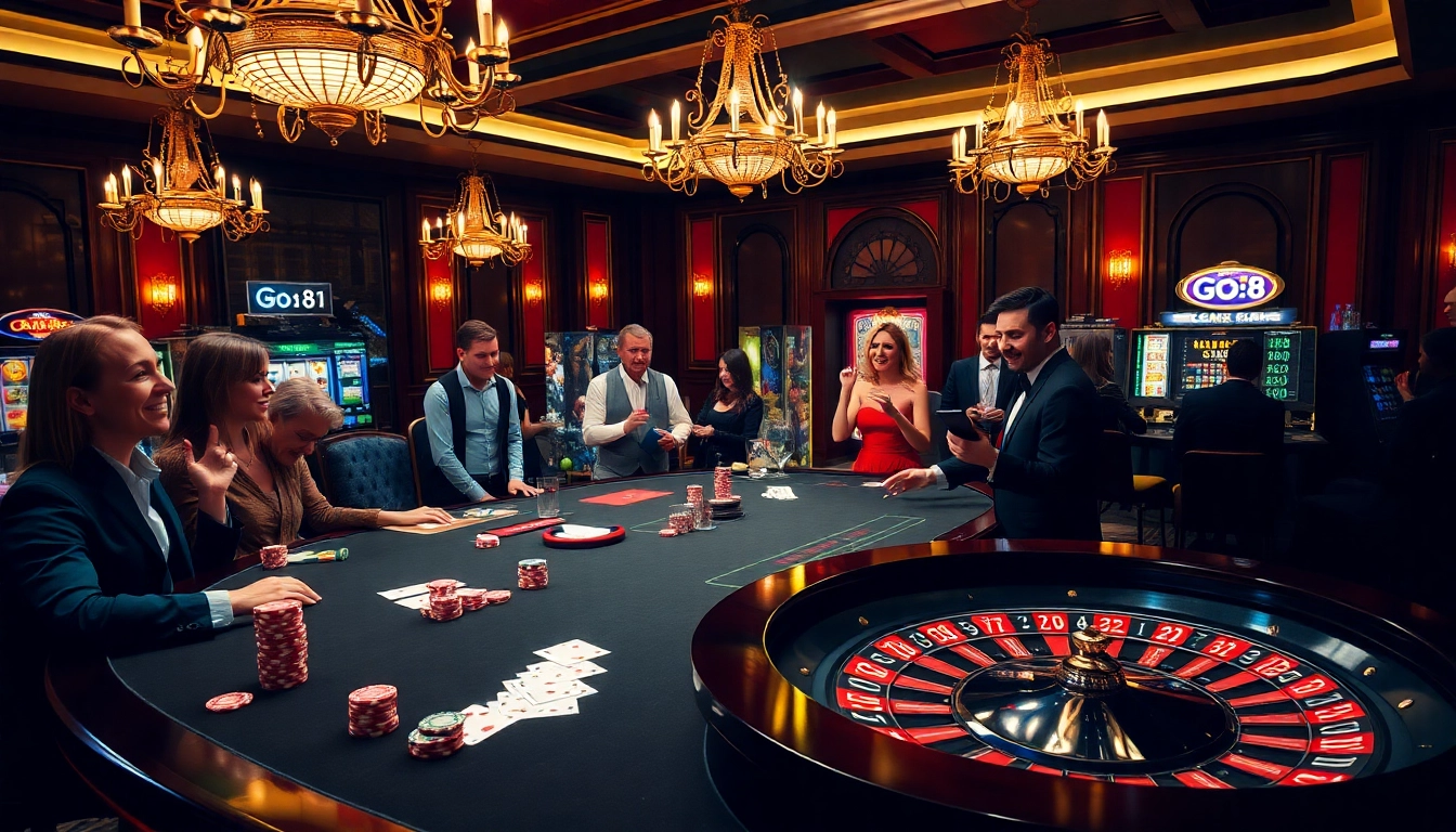 Experience the excitement at Go8's luxurious casino table with vibrant poker chips and cards.