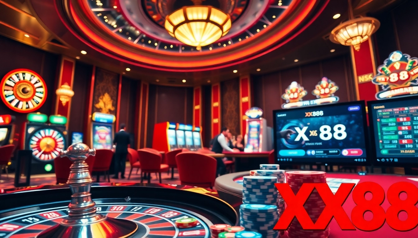 Experience the thrill of betting at XX88's upscale casino scene with vibrant roulette and poker tables.
