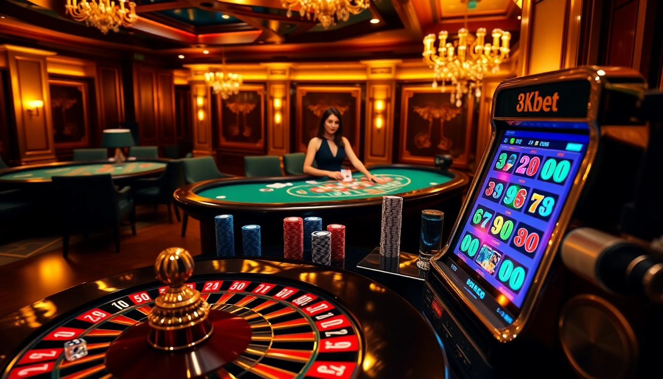 8kbet casino showcasing strategic Baccarat deal and live roulette wheel in a luxurious setting