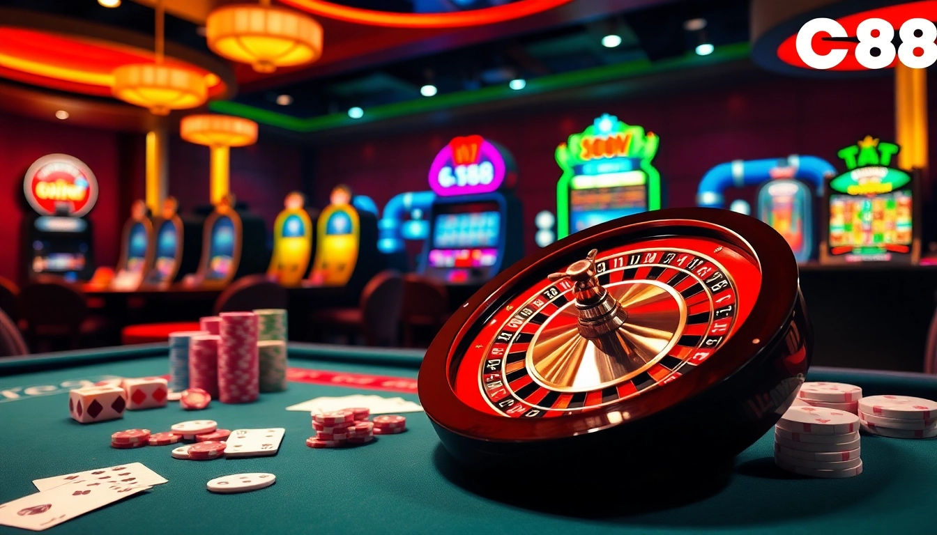 Engage in thrilling games at Nhà cái GG88's vibrant casino with poker chips, cards, and roulette.