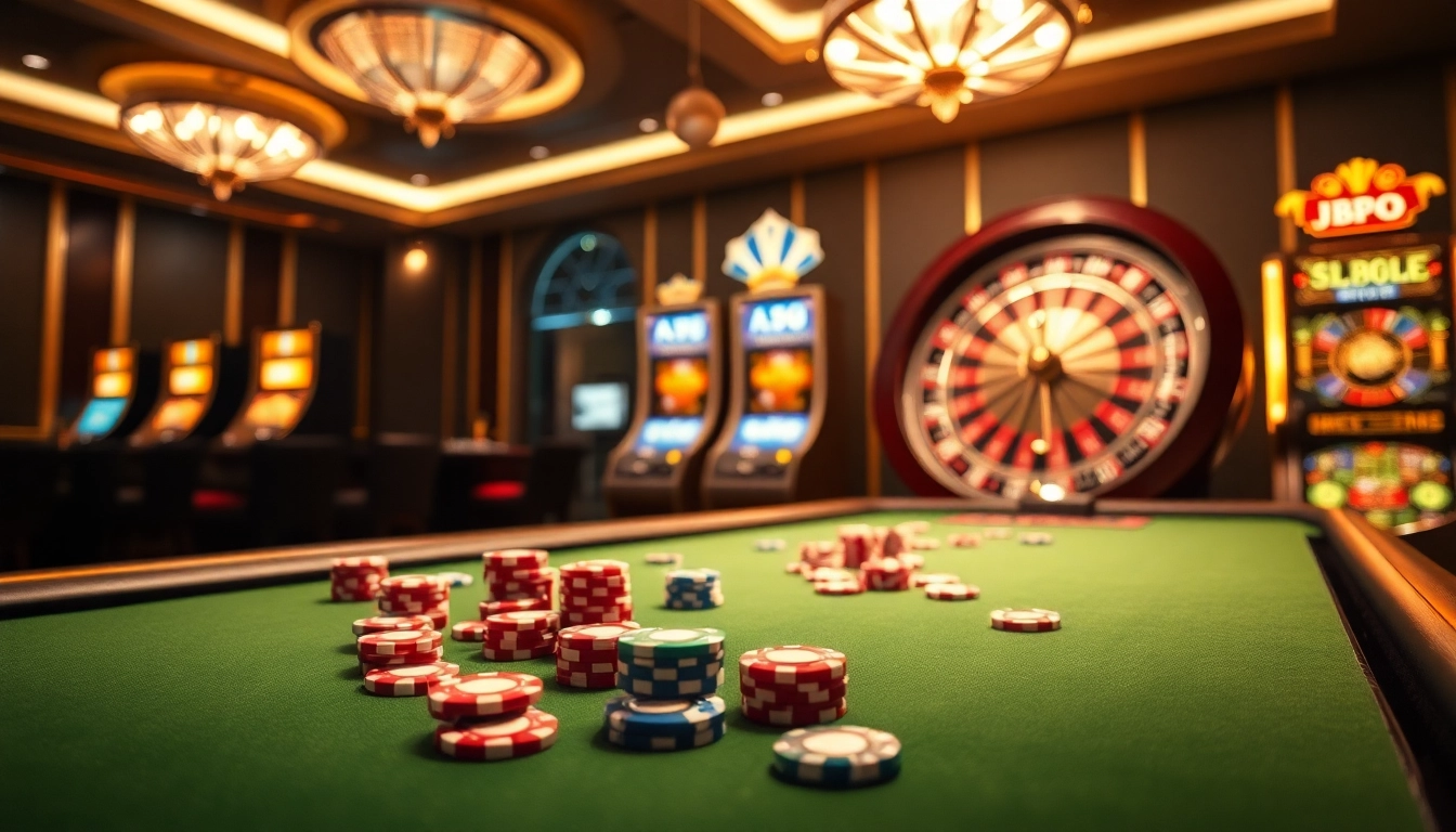 Experience exciting JBO gambling with vibrant poker chips and a spinning roulette wheel in a luxurious casino setting.